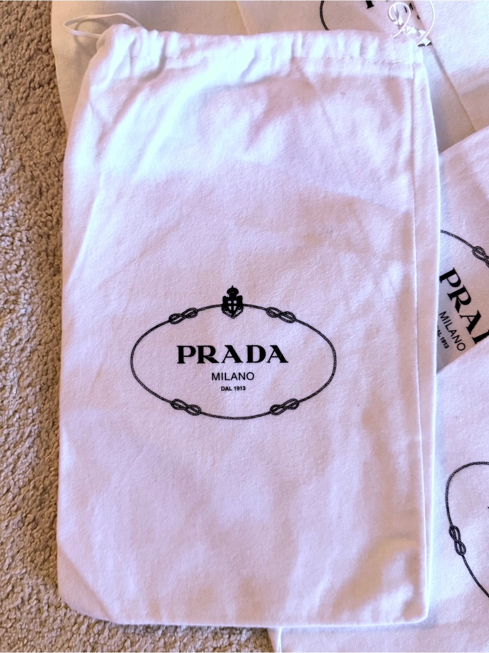 PRADA Drawstring Dust Bag in White with Navy Logo